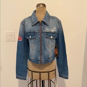 Von Dutch Cropped Denim Jacket Y2K Streetwear Logo Patch Trucker - Size Medium